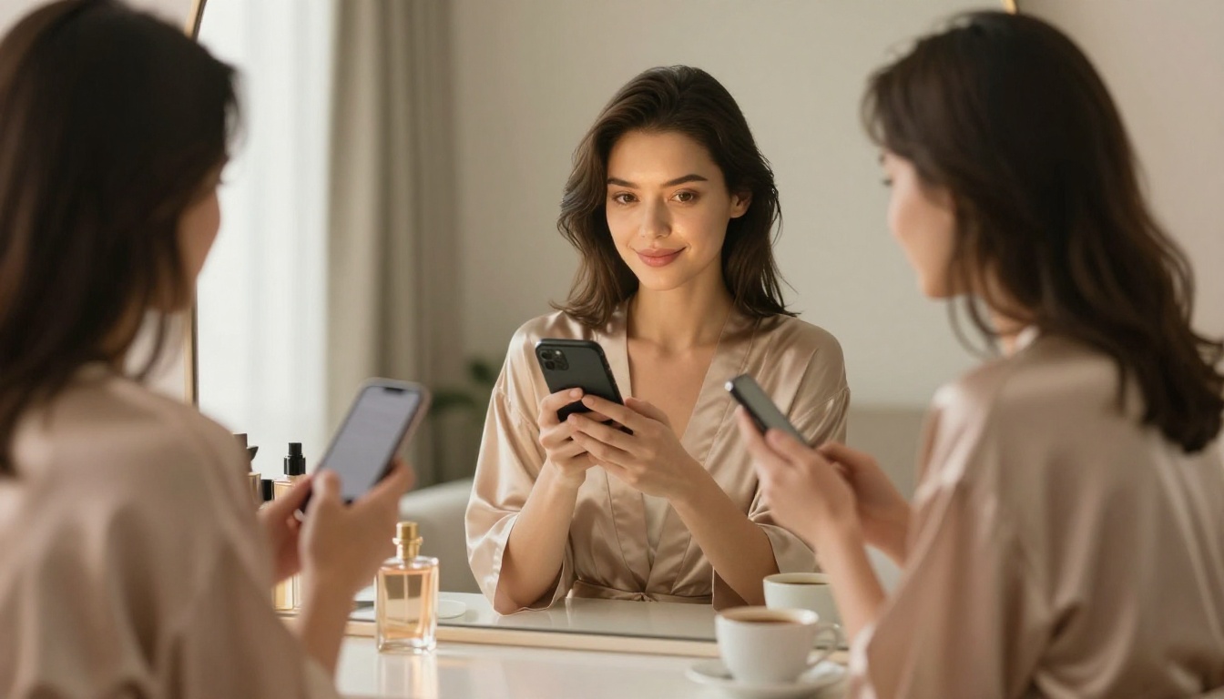 Woman in silk robe at vanity mirror looking at phone