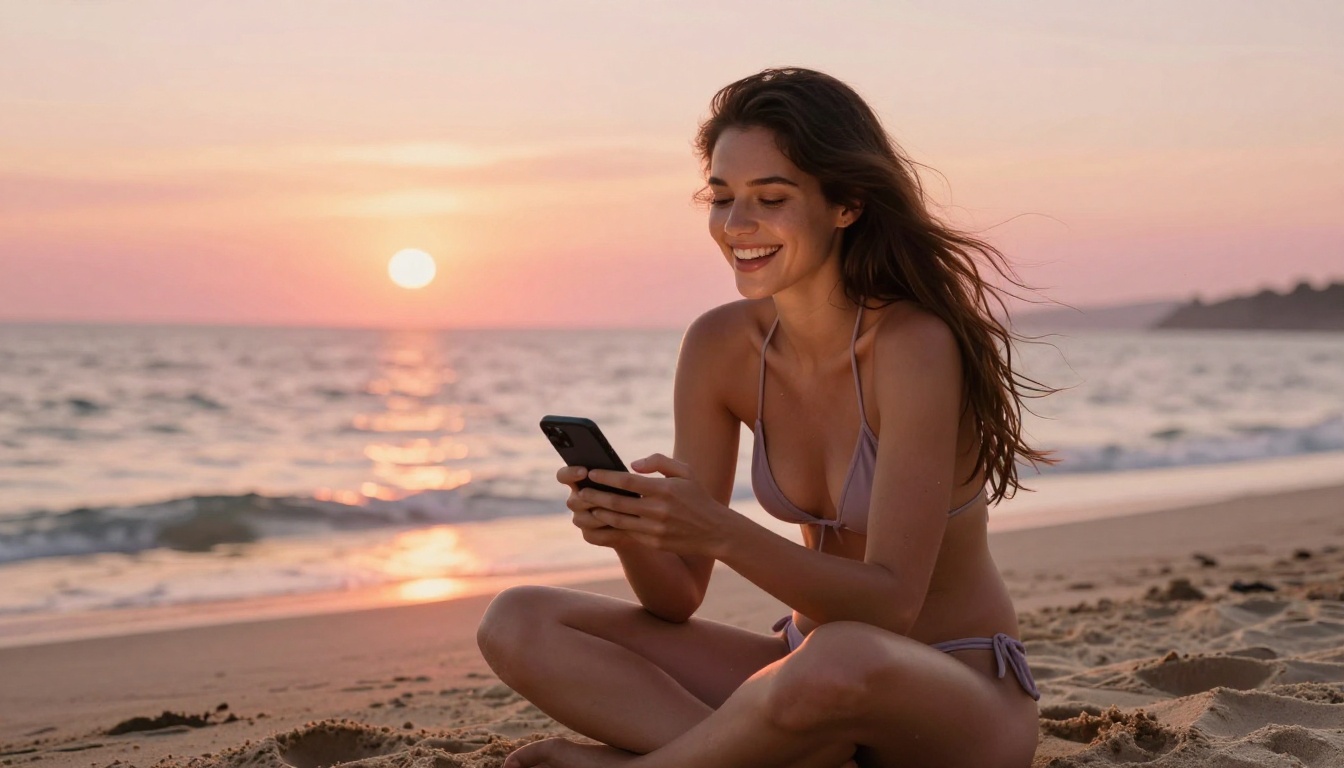 Woman in bikini on beach laughing at phone, golden hour