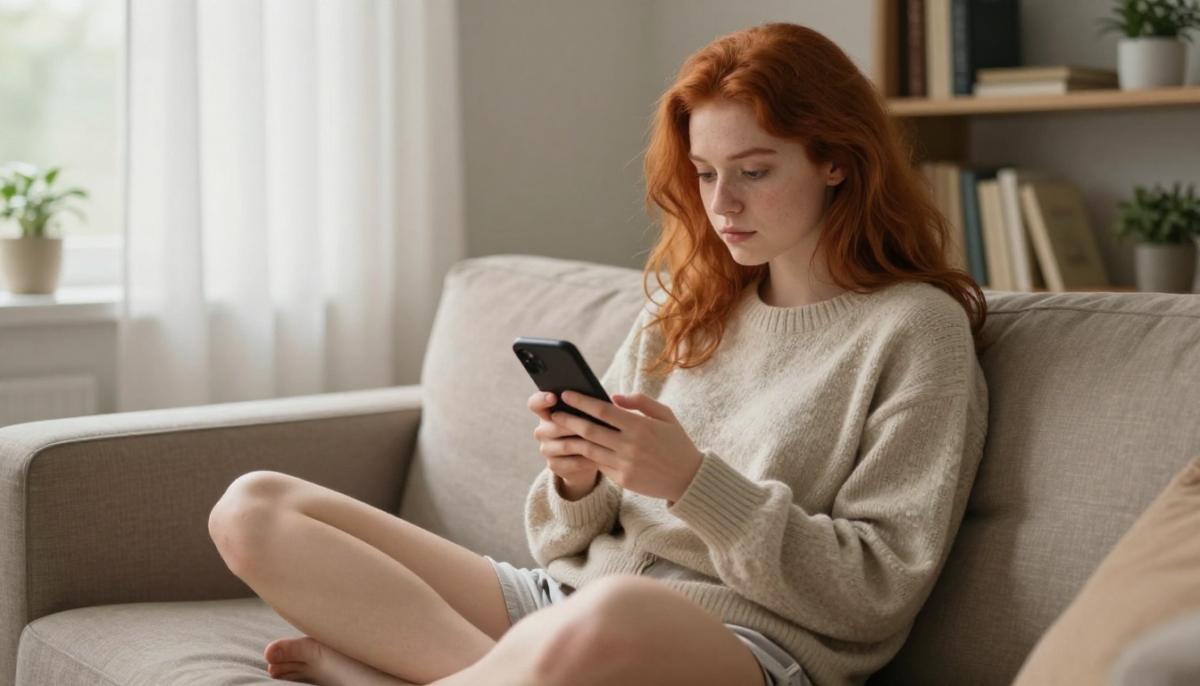 Woman with red hair sitting on couch with phone, thinking