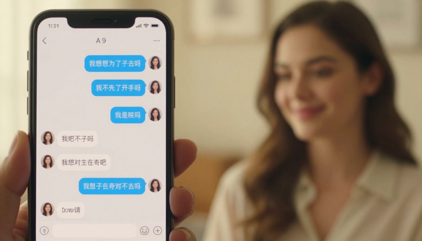Split composition: phone screen with AI chat, woman smiling in background