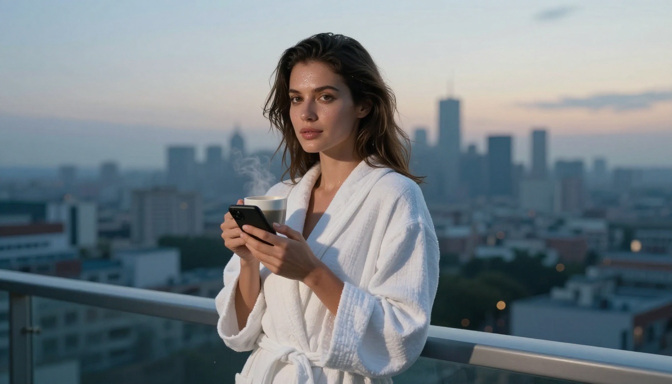 Woman in white bathrobe on balcony with coffee and phone, city view at dawn