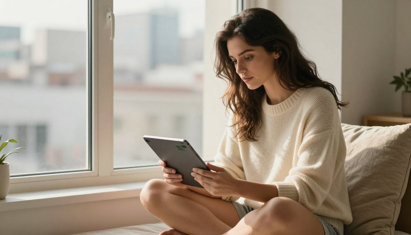 A beautiful woman sitting at a sunlit window seat checking her phone, warm afternoon light filtering through sheer curtains