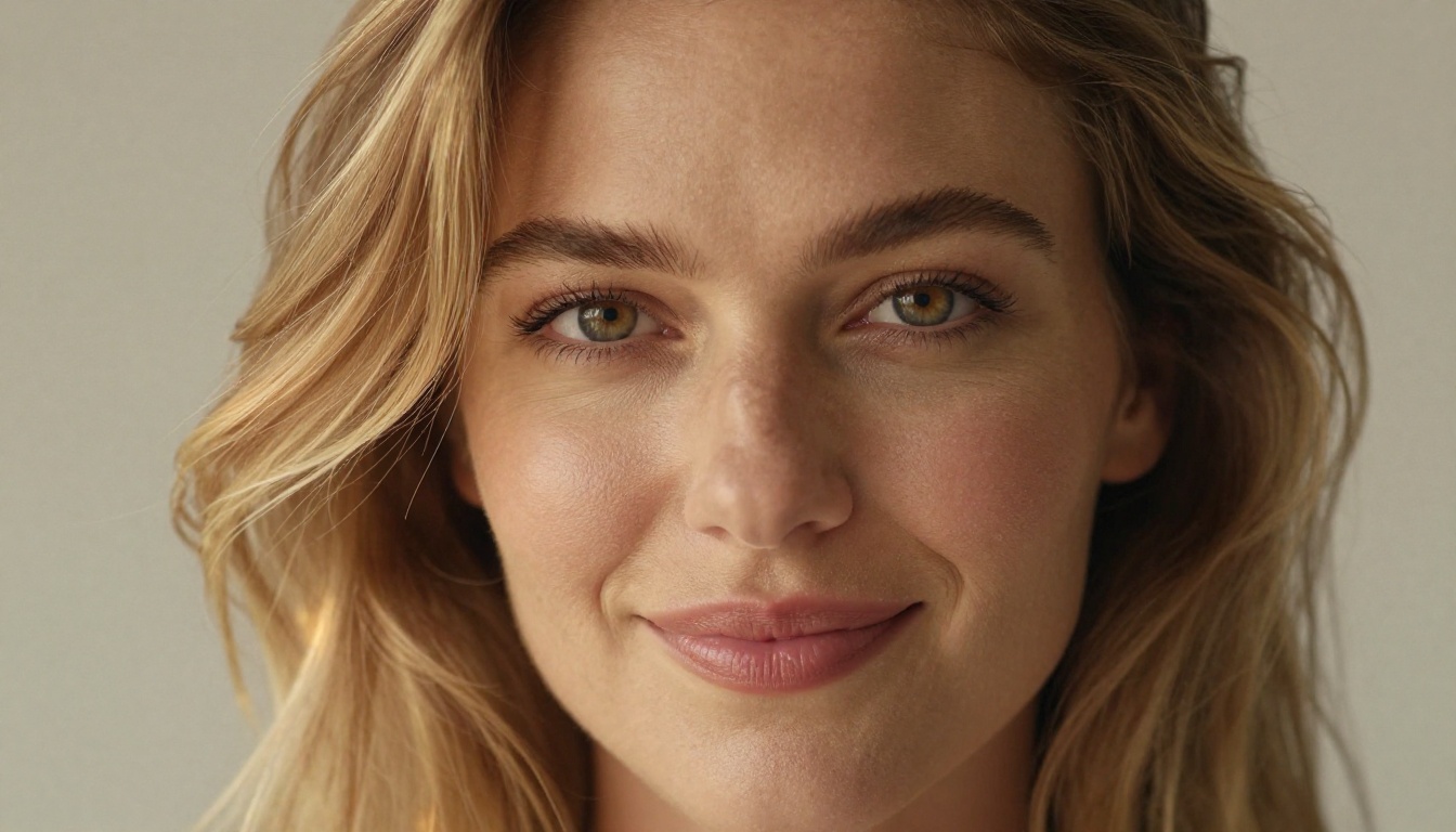 Close-up portrait of a confident woman with natural makeup looking directly at camera with a soft smile