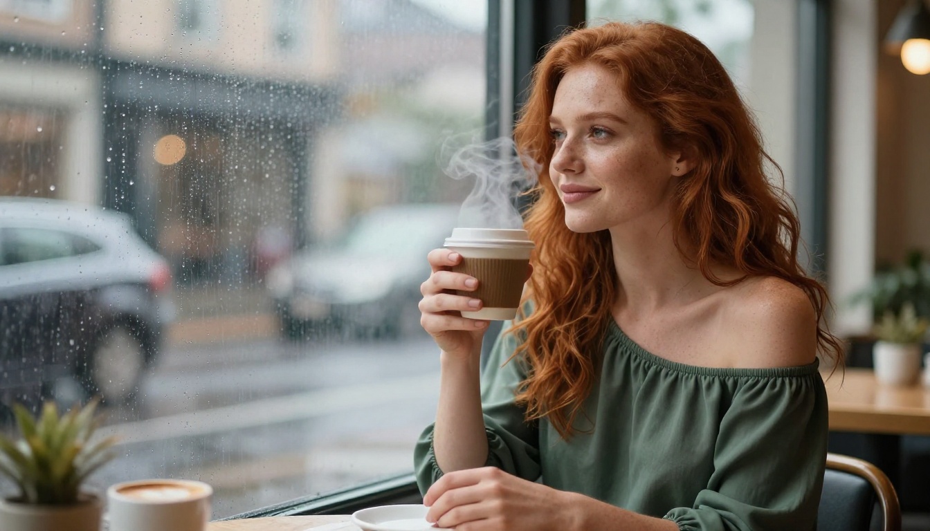 A woman with wavy red hair sitting at a cafe table near a rainy window, holding a coffee cup with both hands
