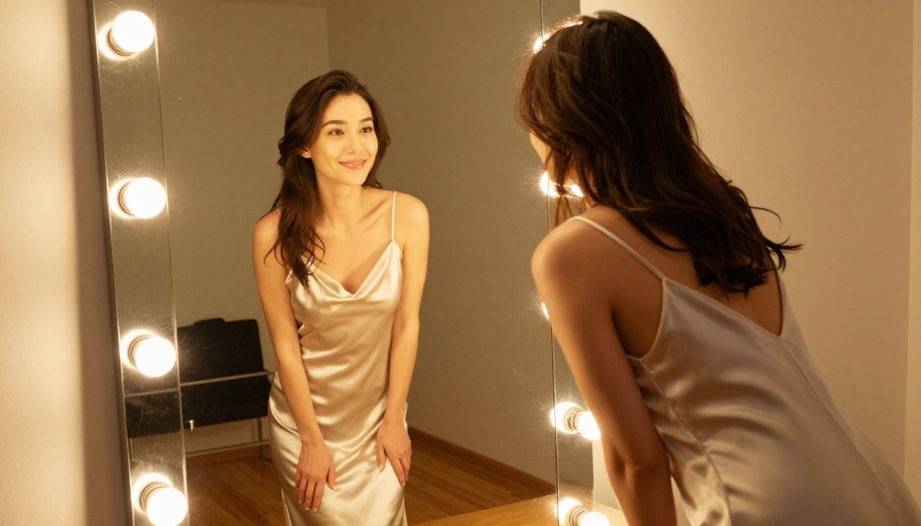 A young woman in a satin slip dress standing in front of a full-length mirror in a warmly lit dressing room