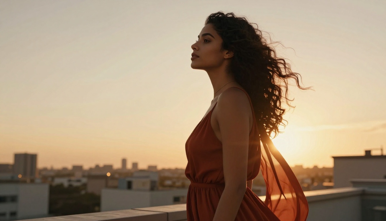 A beautiful woman with dark curly hair standing on a rooftop terrace at golden hour, city skyline in the background