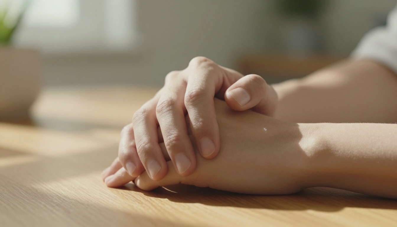 Close-up of two hands intertwined resting on a wooden table, warm golden afternoon light creating soft shadows