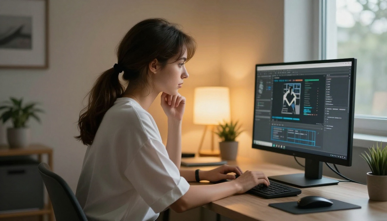 An attractive woman sitting at a modern home office desk with a laptop showing an AI interface, warm desk lamp light