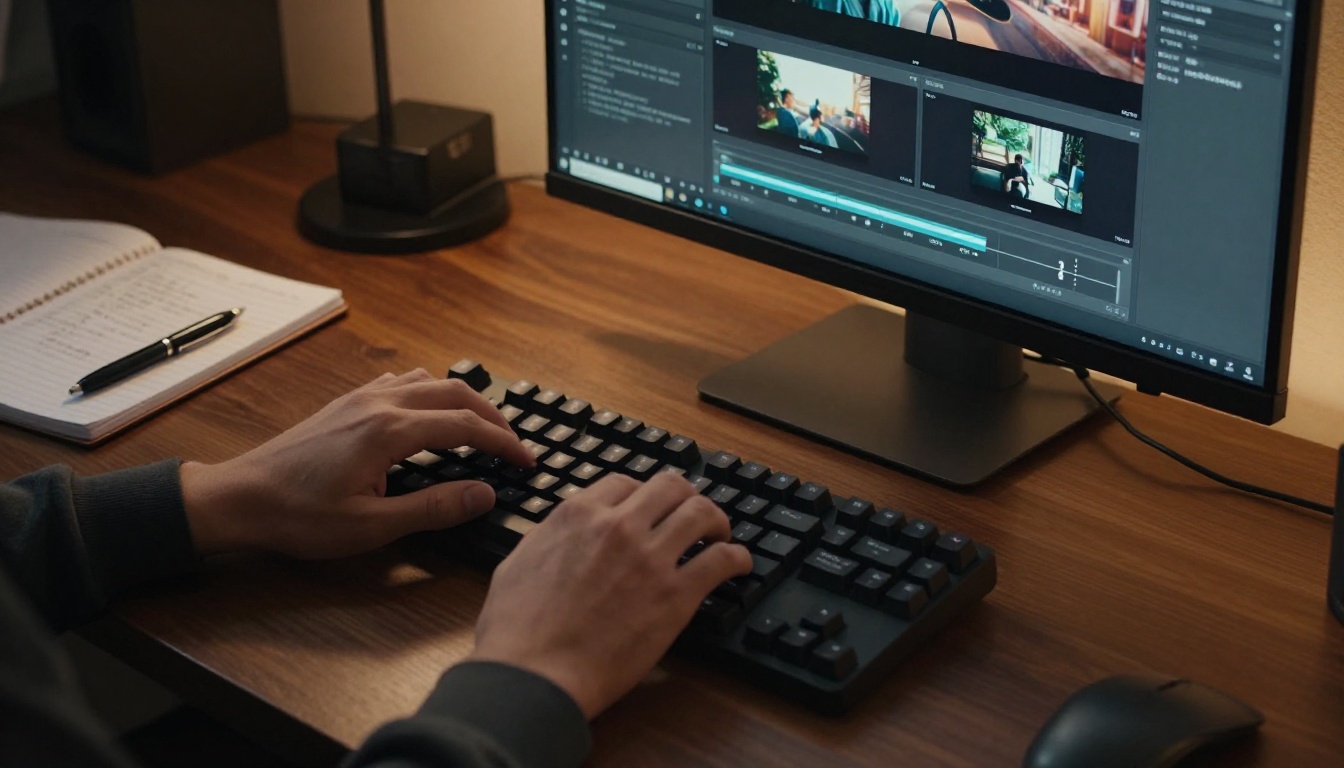 Overhead shot of hands typing on mechanical keyboard with AI video generation interface on ultrawide monitor showing dual output comparison