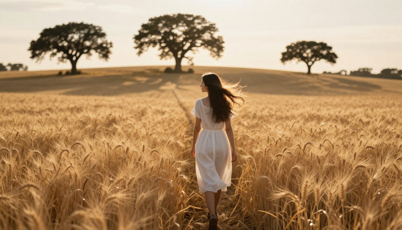 Cinematic wide shot of a woman in white linen dress walking through golden wheat field at late afternoon with backlit hair and warm bokeh background