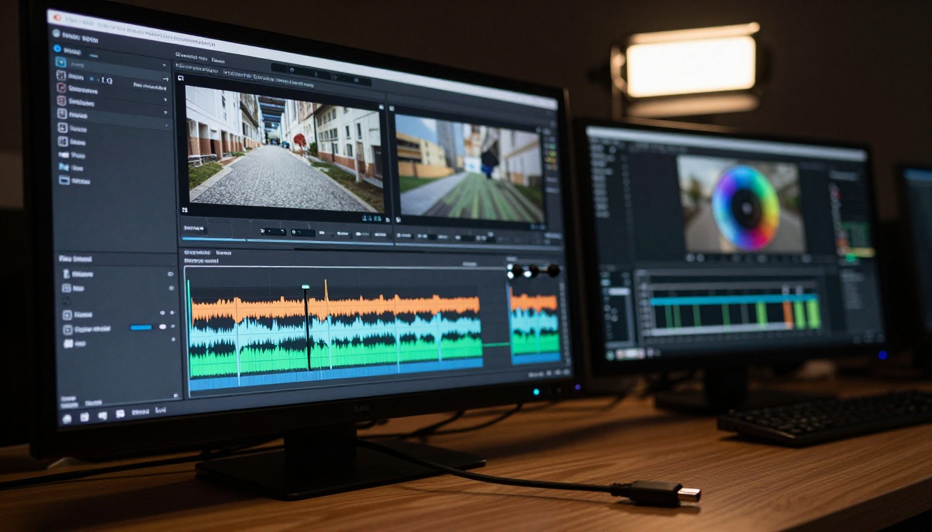 Close-up of video editing timeline on a cinema-grade monitor in a dark studio suite with color grading panels visible