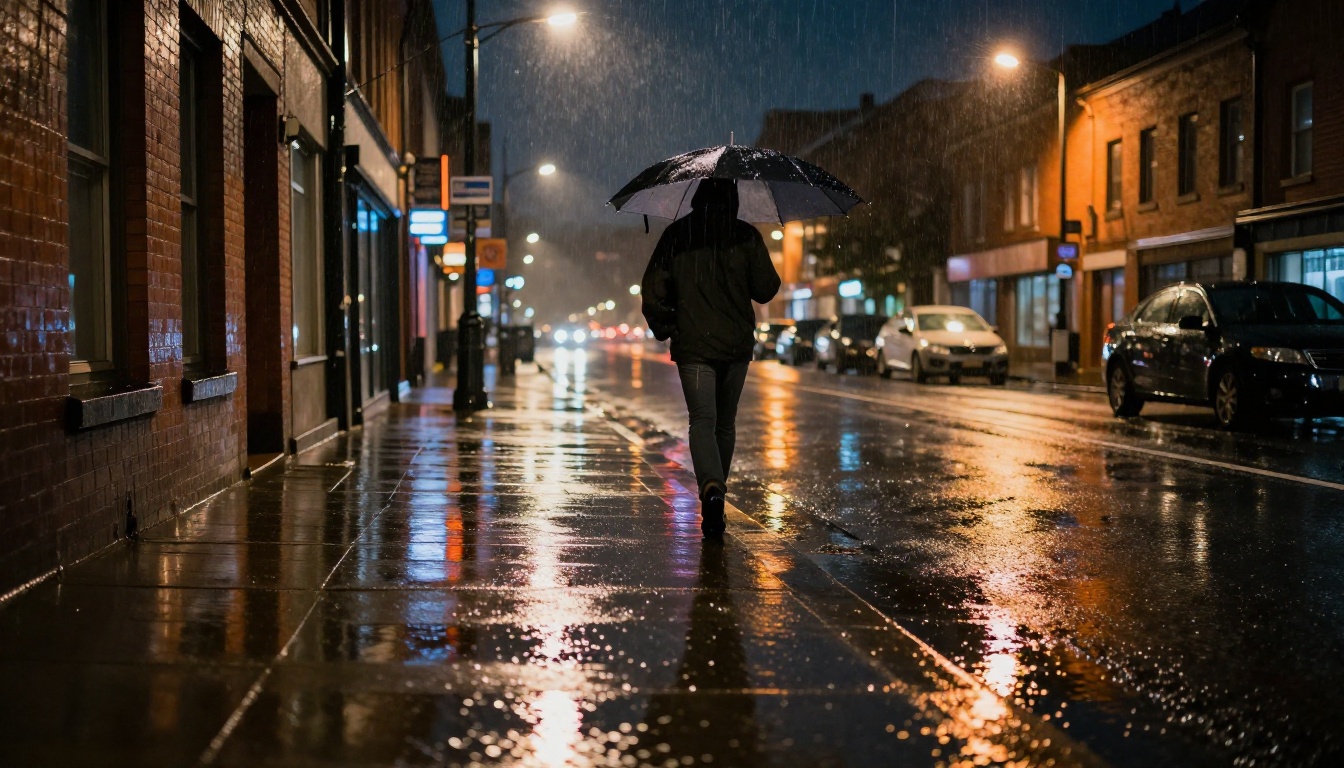 Rain-soaked city street at night with reflective asphalt, pedestrian mid-stride under umbrella, water droplets suspended in street light