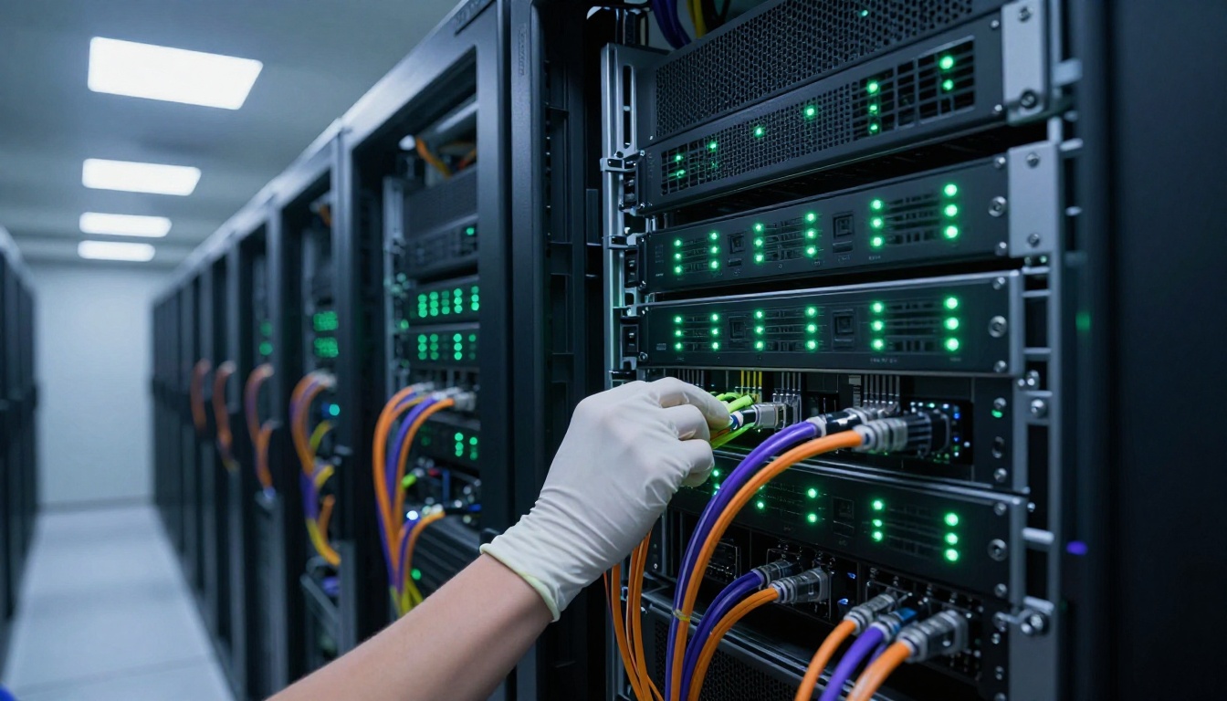 Dense GPU server rack corridor with rows of glowing green LEDs and bundled fiber optic cables in a modern data center