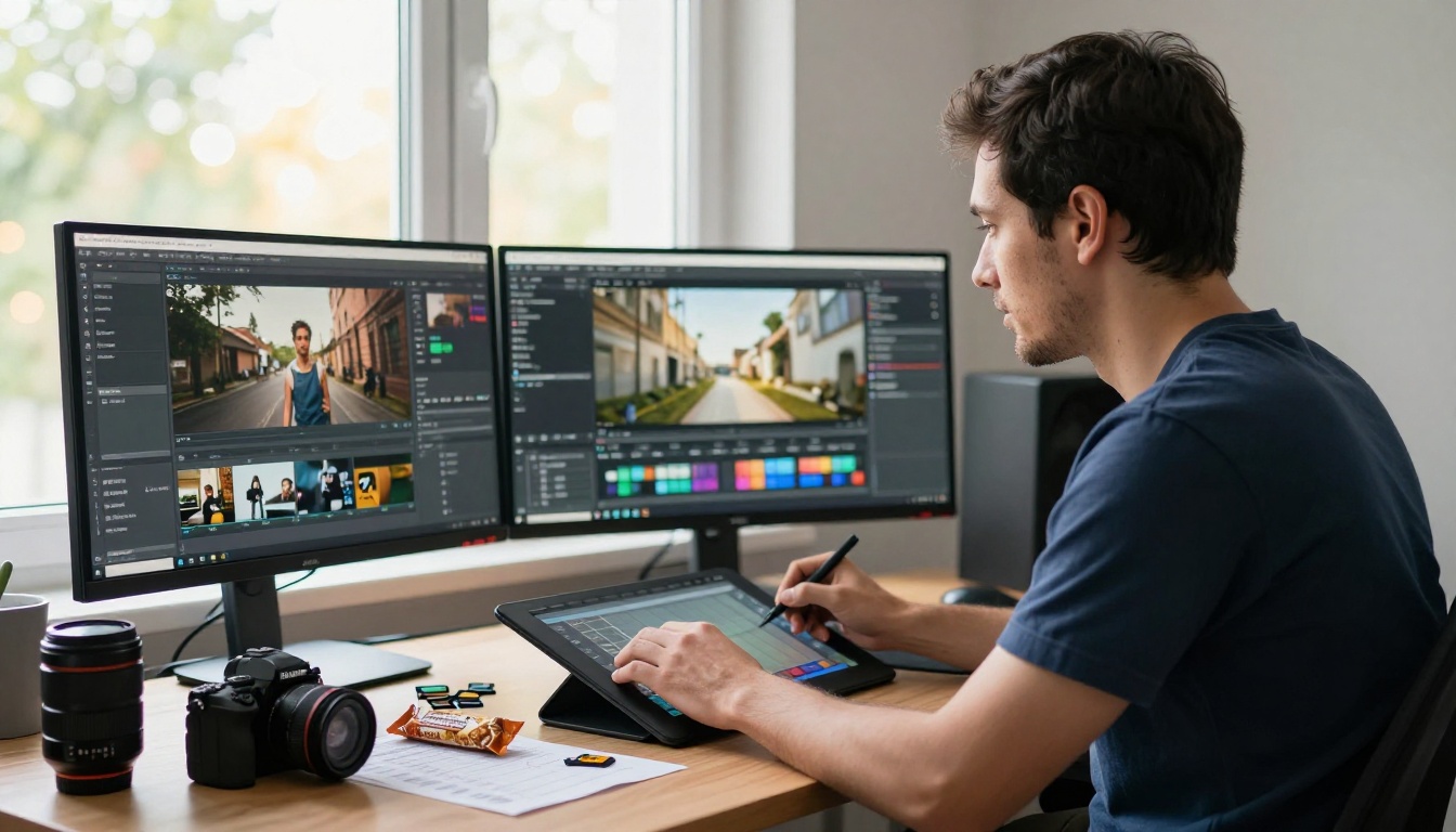 Content creator at a standing desk in a bright home studio with three monitors showing AI video generation thumbnails