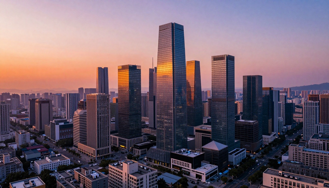 Aerial bird's-eye view of a modern city at golden hour with warm orange light raking across glass skyscrapers and long shadows