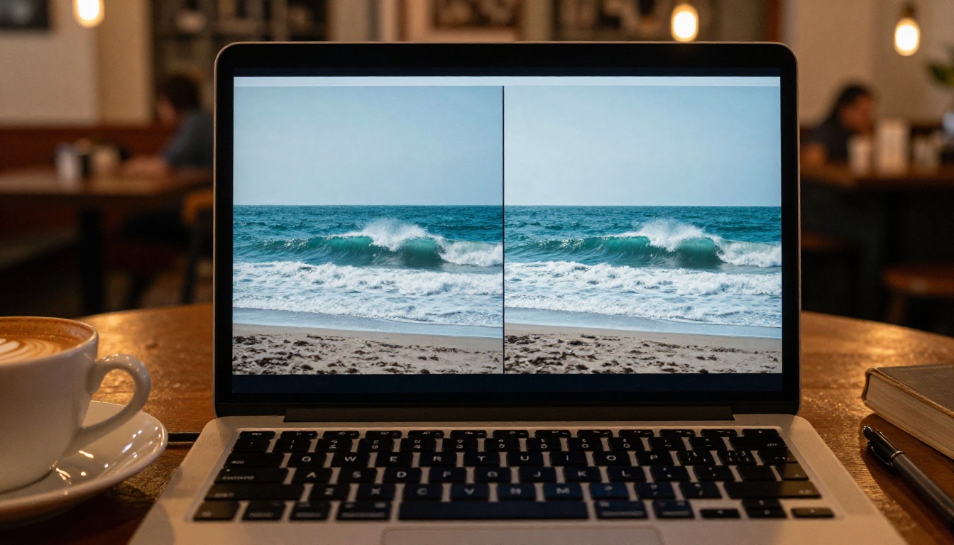 Close-up of laptop screen in cozy coffee shop showing AI video frame comparison with warm Edison bulb bokeh background