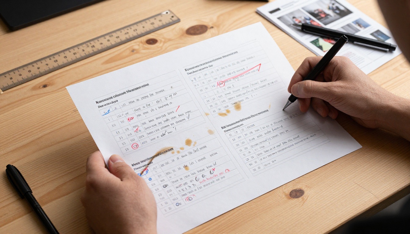 Hands holding printed A3 comparison chart with handwritten metric annotations and red blue ink circles on a raw pine wood table