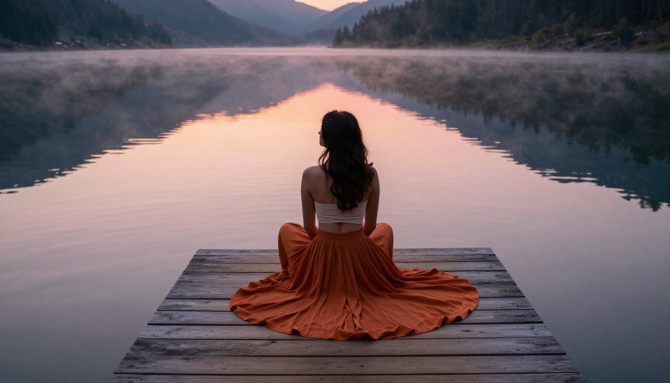 A woman in an orange maxi skirt sitting on a wooden dock at sunrise on a mountain lake