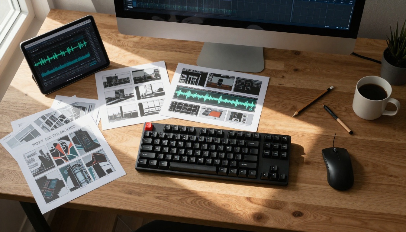 Aerial view of editor workspace with transcription tablet and printed storyboard frames Aerial view of editor workspace with transcription tablet and printed storyboard frames