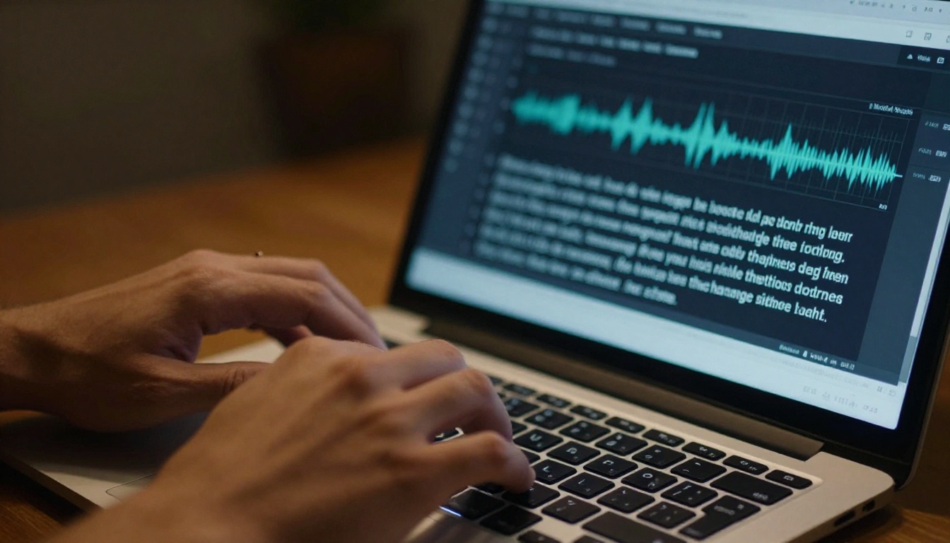 Hands typing with speech-to-text transcription interface on laptop screen Hands typing with speech-to-text transcription interface on laptop screen