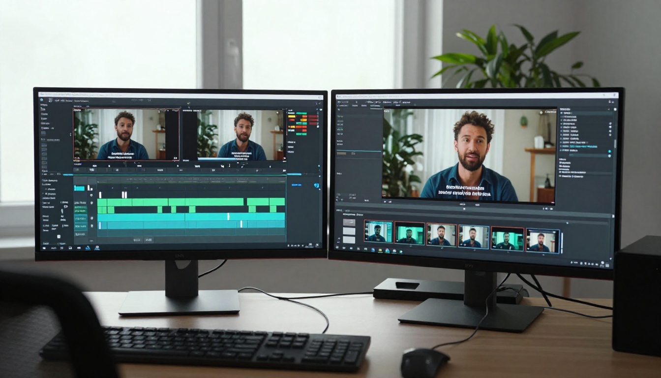 Professional dual-monitor editing studio with subtitle track and AI companion video preview Professional dual-monitor editing studio with subtitle track and AI companion video preview