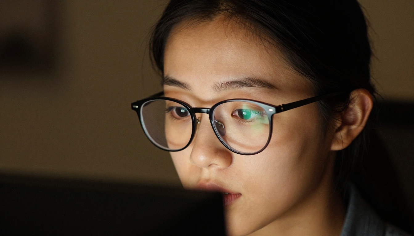 Woman with glasses focused on captioned video reflecting in her lens Woman with glasses focused on captioned video reflecting in her lens