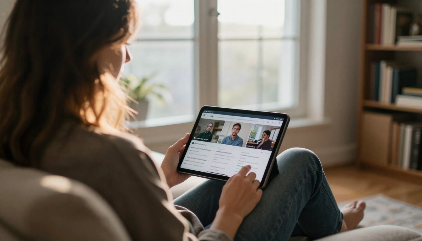 Person on couch reviewing subtitle captions on tablet in warm morning light Person on couch reviewing subtitle captions on tablet in warm morning light