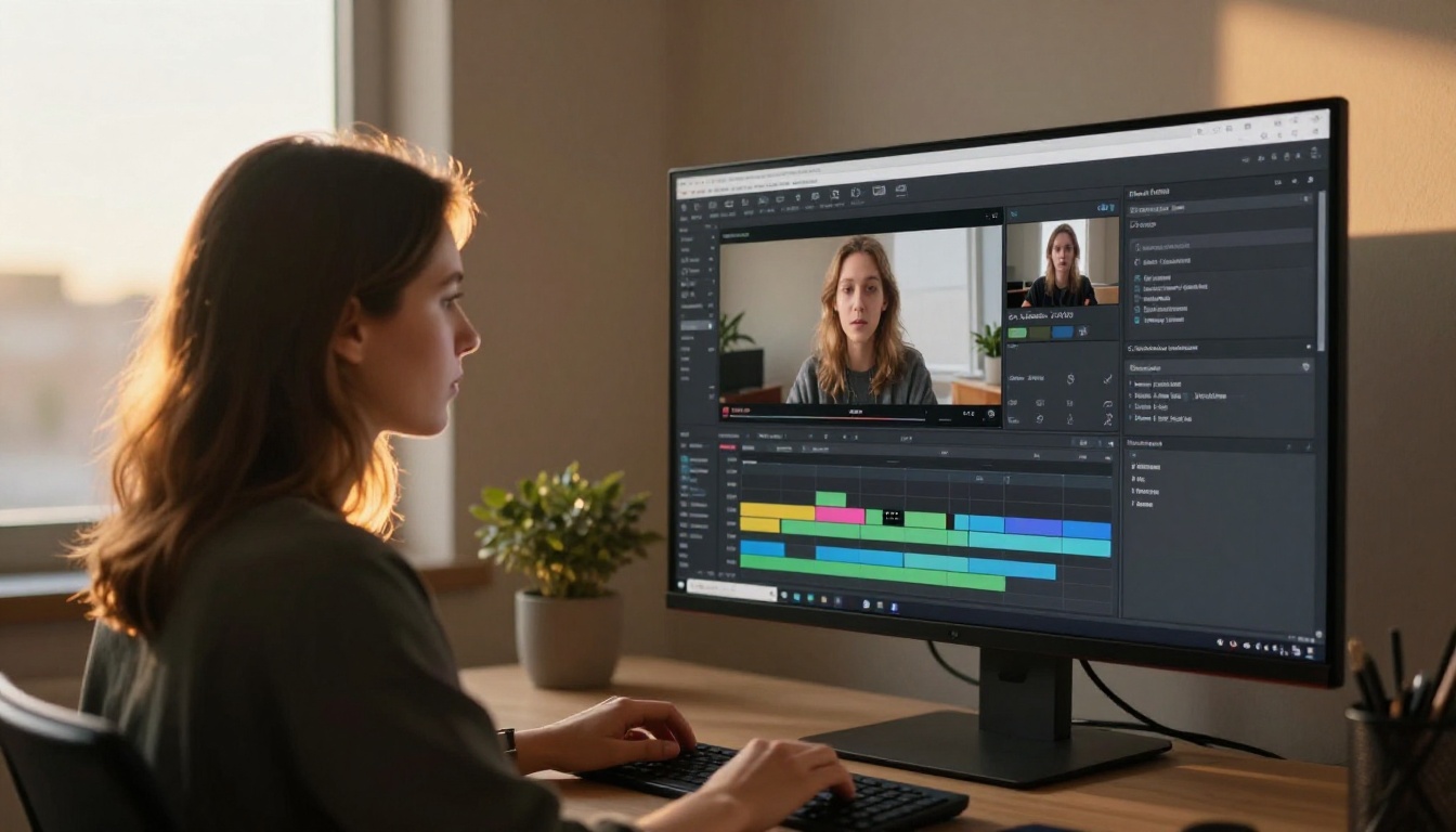 Content creator at standing desk editing caption tracks in golden hour side lighting Content creator at standing desk editing caption tracks in golden hour side lighting