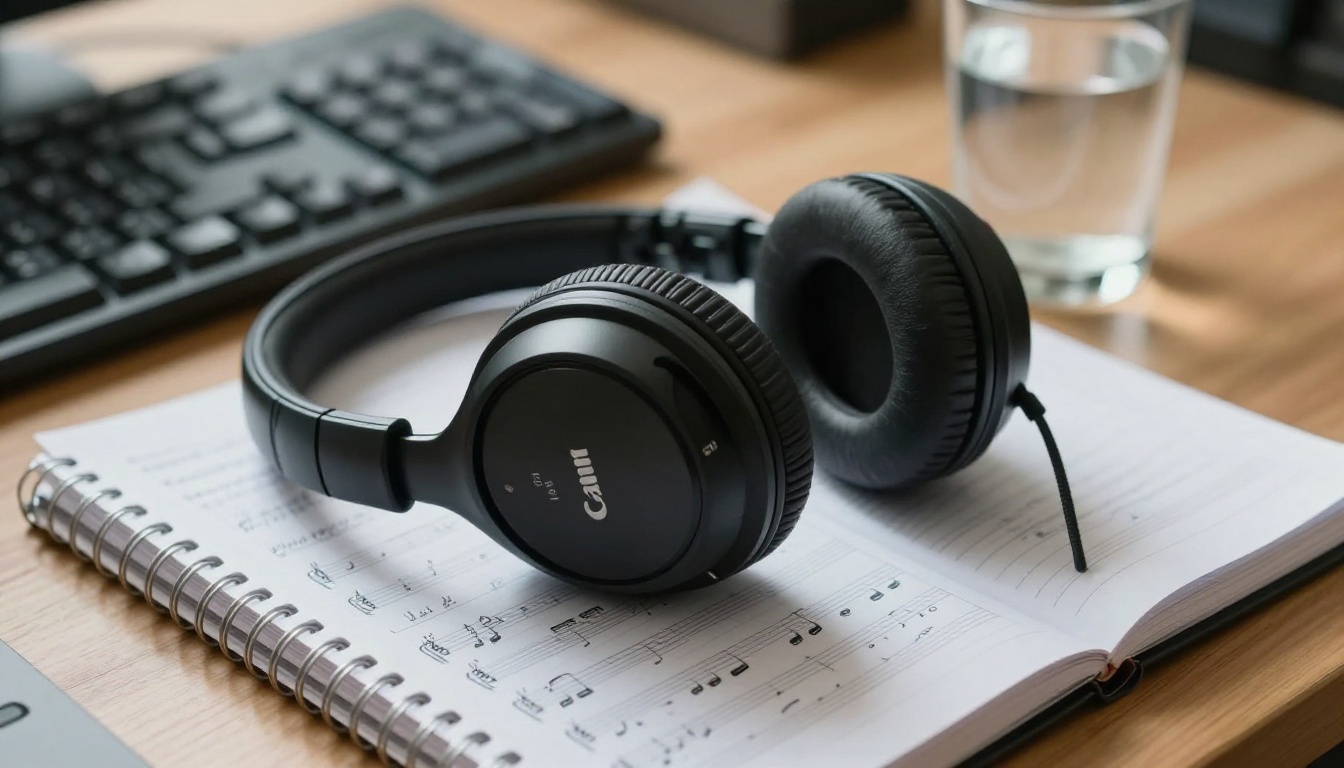 Headphones and music notes on a creative desk Headphones and music notes on a creative desk