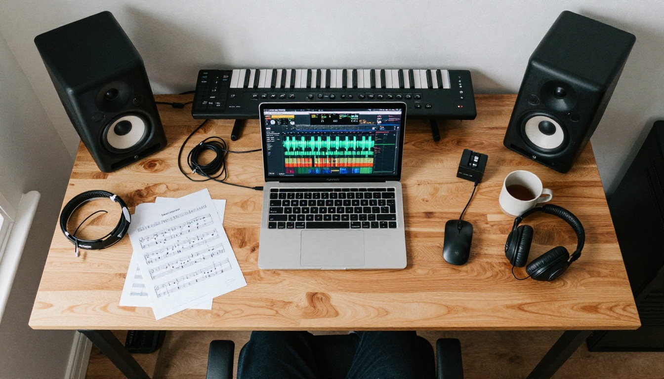 Aerial view of a home studio desk setup Aerial view of a home studio desk setup
