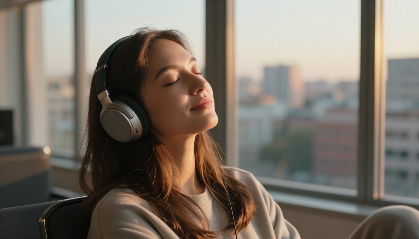 Young woman with wireless headphones in AI companion session