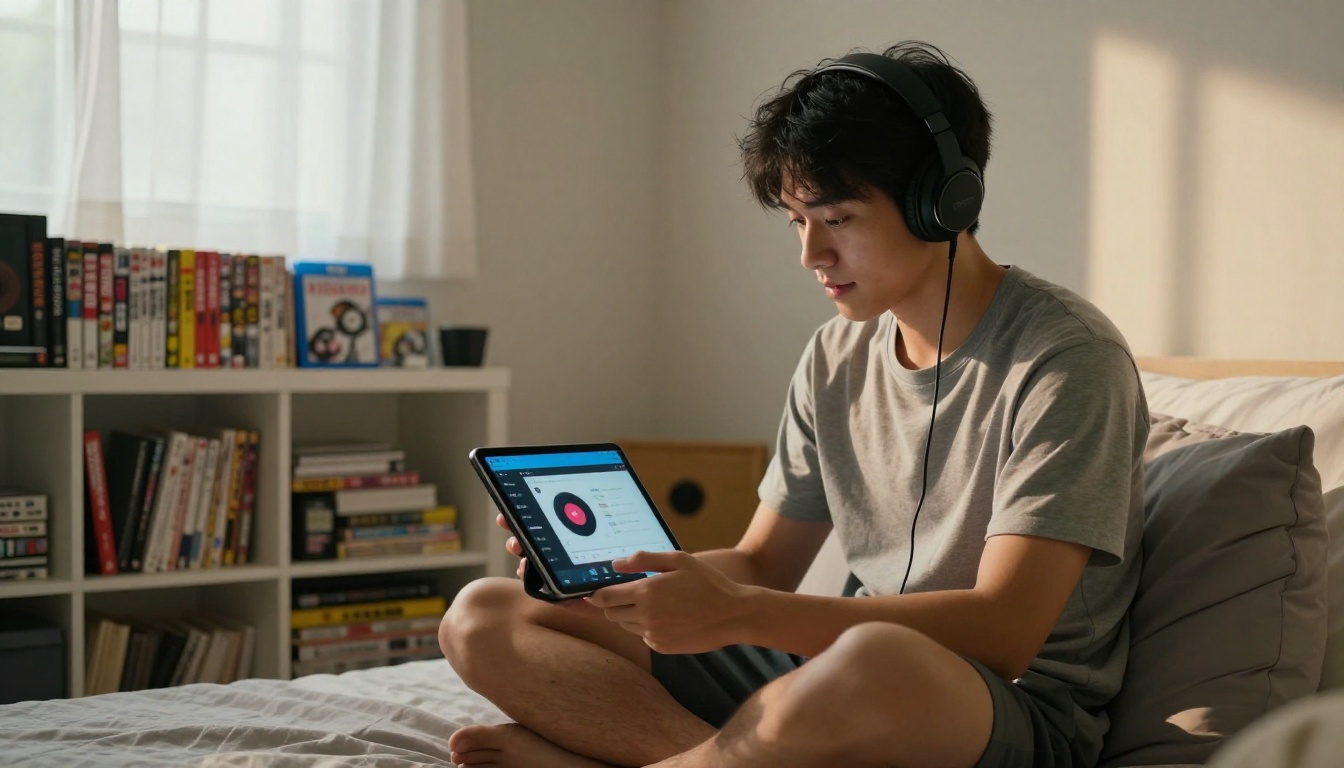 Creator listening with headphones in a cozy bedroom setup Creator listening with headphones in a cozy bedroom setup