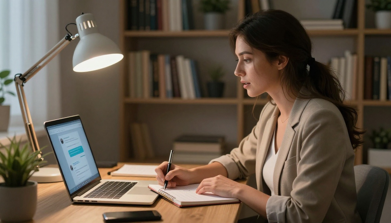 Professional woman speaking with AI companion app on laptop at home office