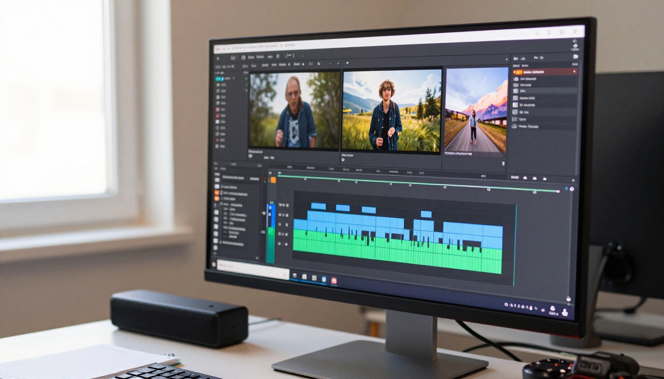 Video editing software timeline on a monitor Video editing software timeline on a monitor