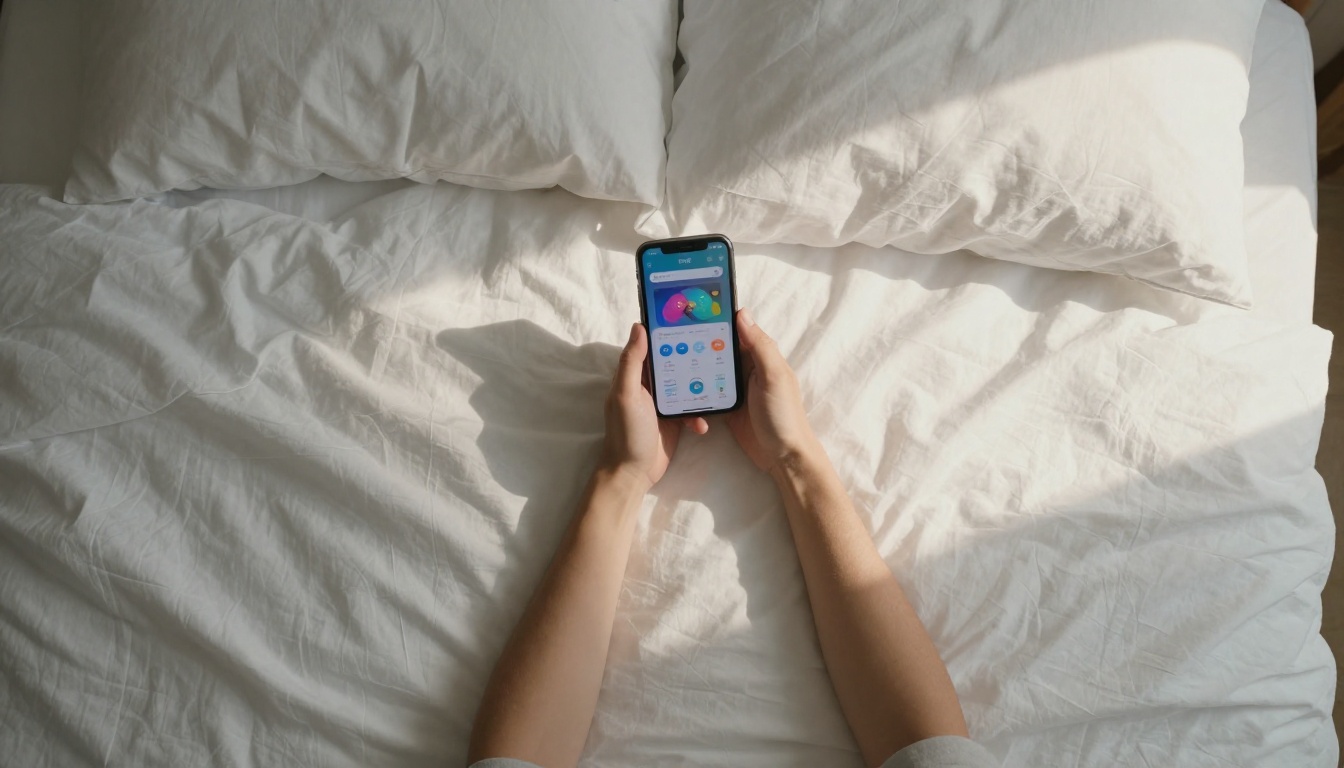 Person using AI companion app on phone while lying on bed, overhead view