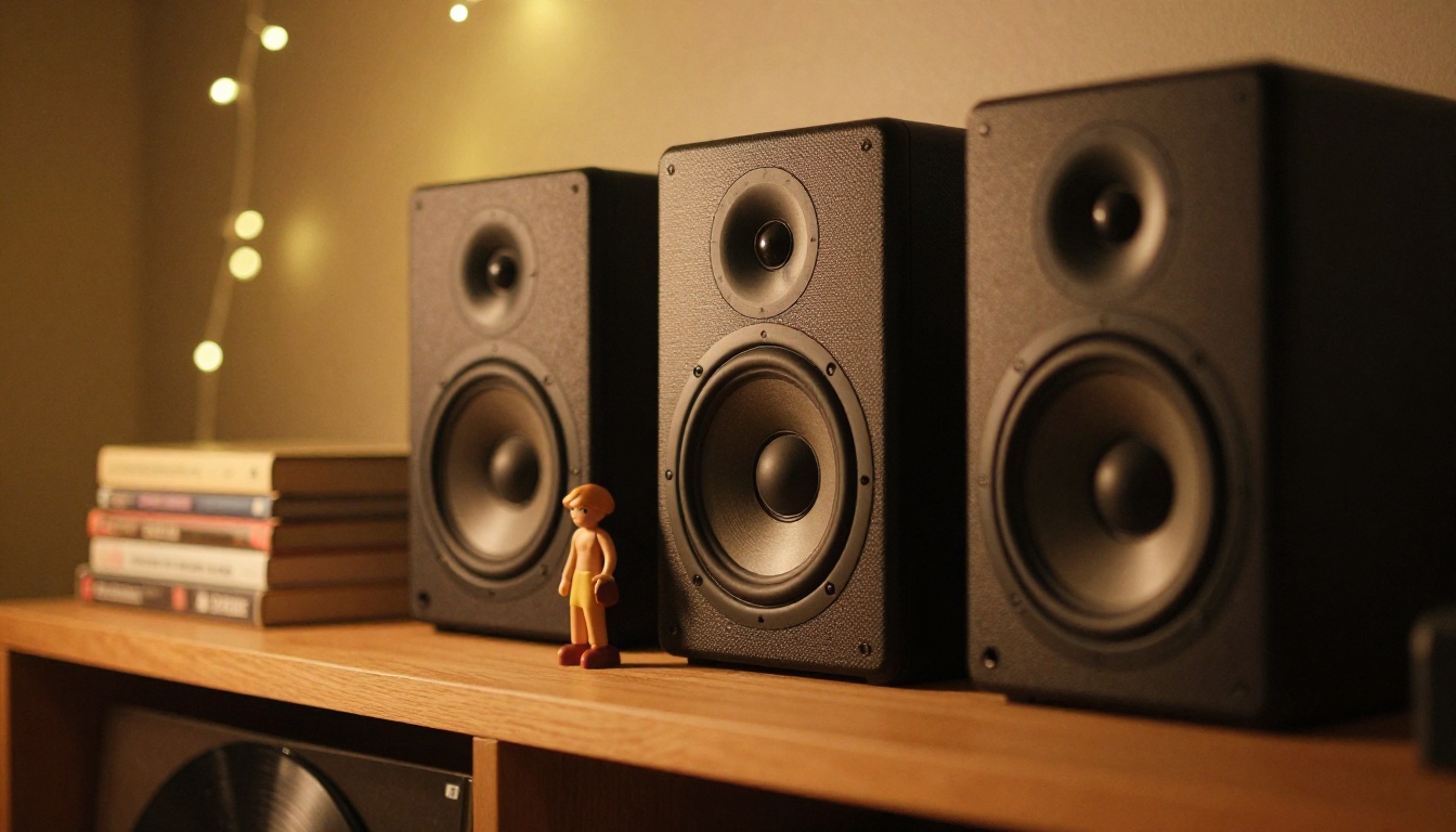 Studio speakers on a shelf with figurines and string lights Studio speakers on a shelf with figurines and string lights