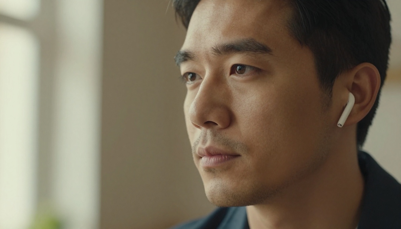 Man with wireless earbuds in thoughtful AI companion conversation