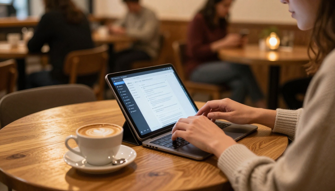 Woman at café using AI companion app on tablet with coffee in foreground