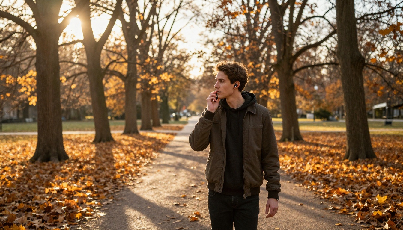 Man walking in autumn park speaking to AI companion via wireless earbuds