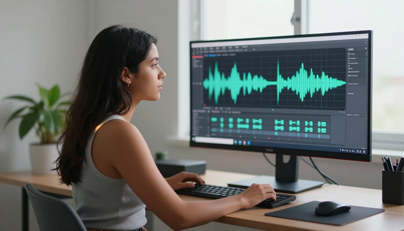 Woman reviewing audio waveforms at a standing desk Woman reviewing audio waveforms at a standing desk