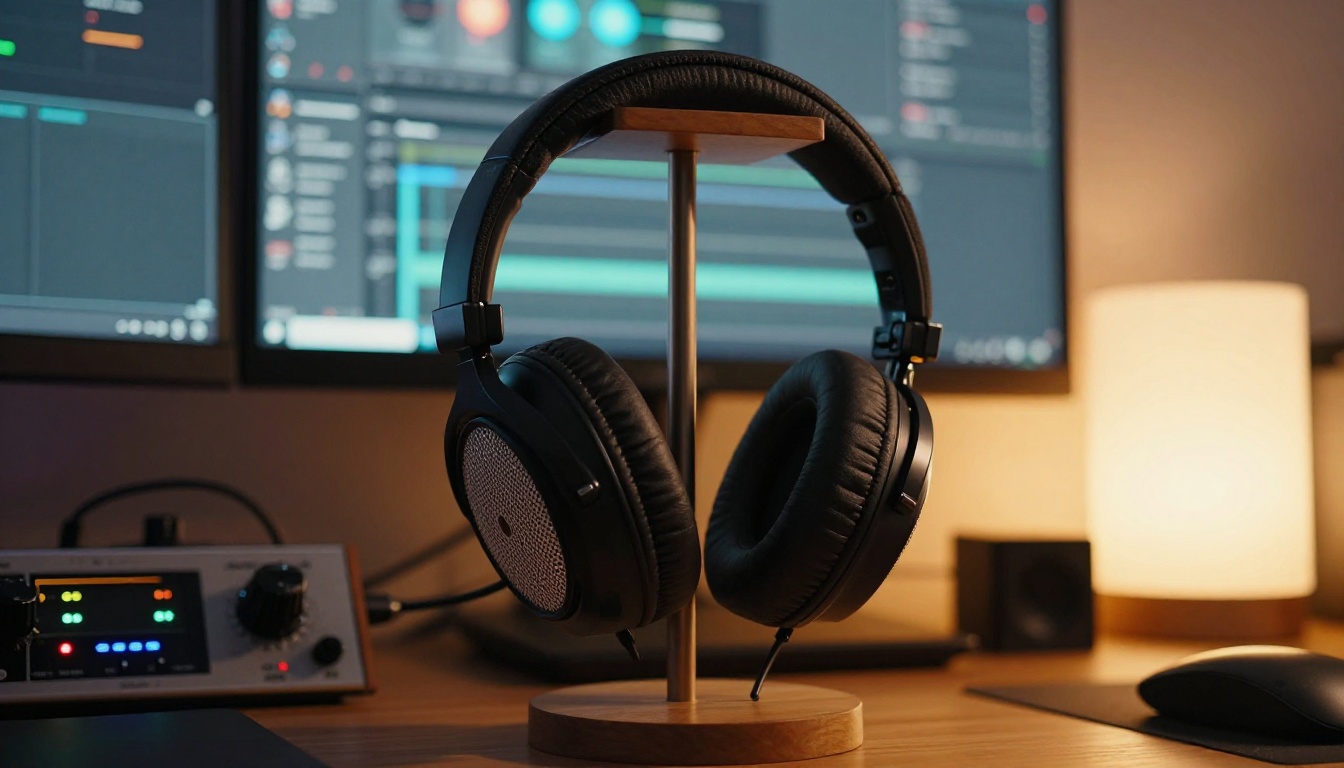 Low-angle view of audiophile headphones on a stand Low-angle view of audiophile headphones on a stand