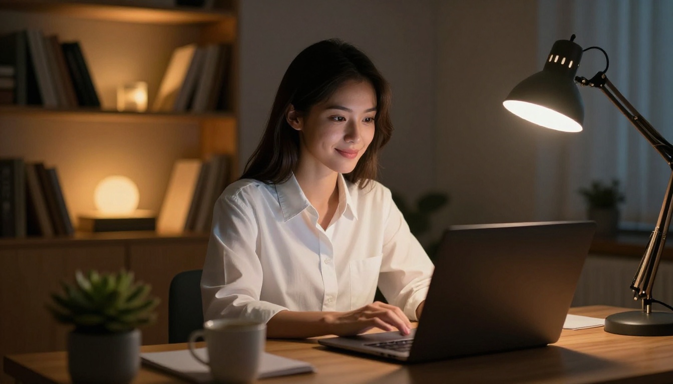 Woman working at laptop in warm home office at night