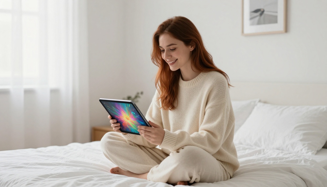 Woman discovering AI-generated artwork on tablet