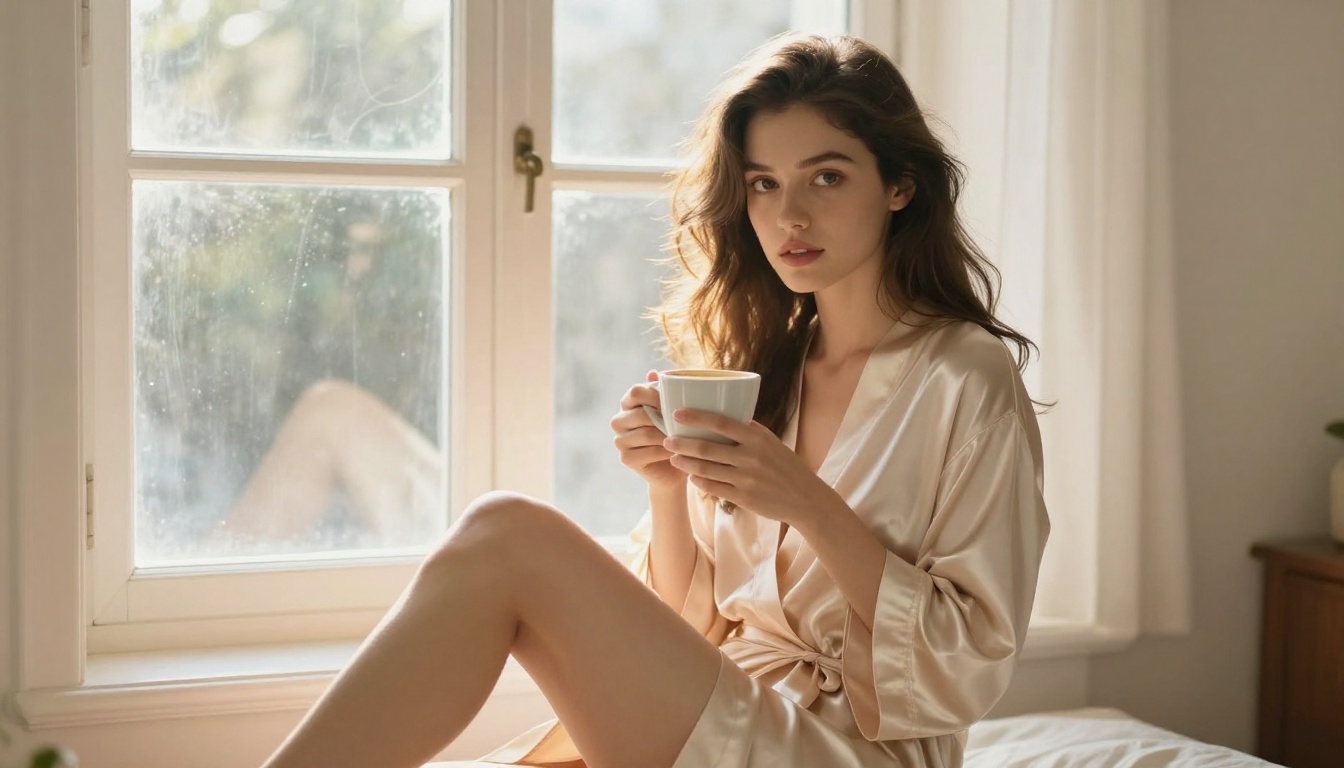 Woman with morning coffee sitting by bright window