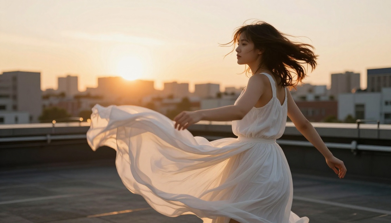 Young woman in flowing white dress mid-spin at golden hour, motion blur creating natural circular fabric trails