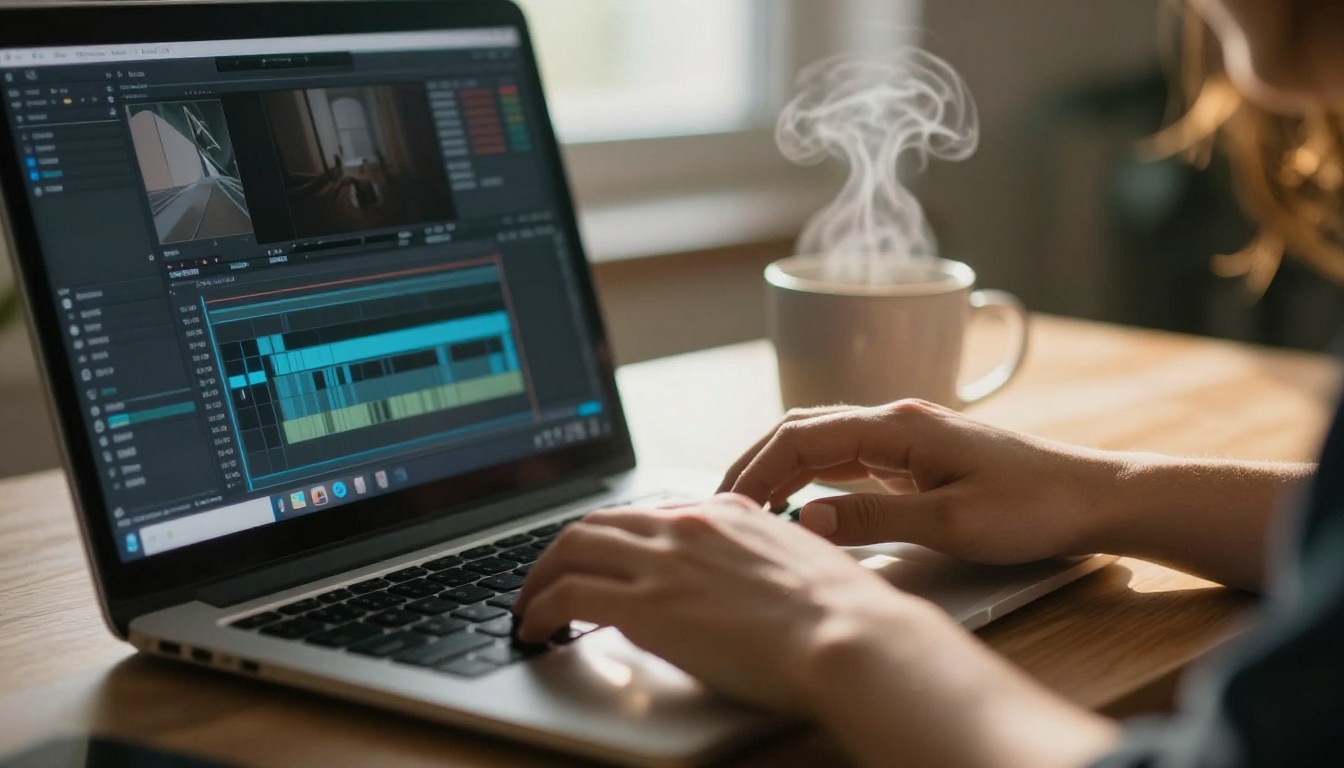 Person creating AI video at a sunlit modern workspace