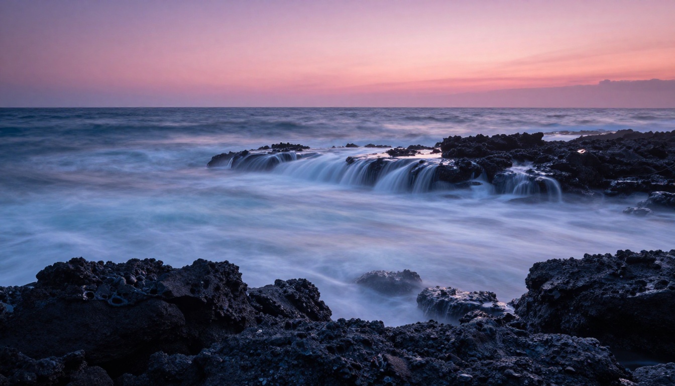 Long exposure ocean waves crashing on volcanic rocks at dusk, silky water trails creating natural circular patterns