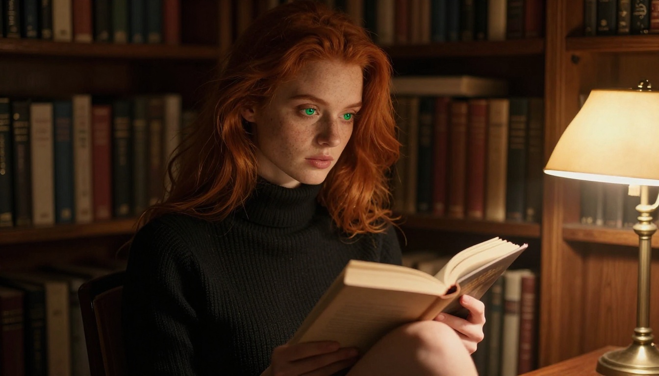 Confident woman with flowing red hair in a dimly lit library, amber reading light