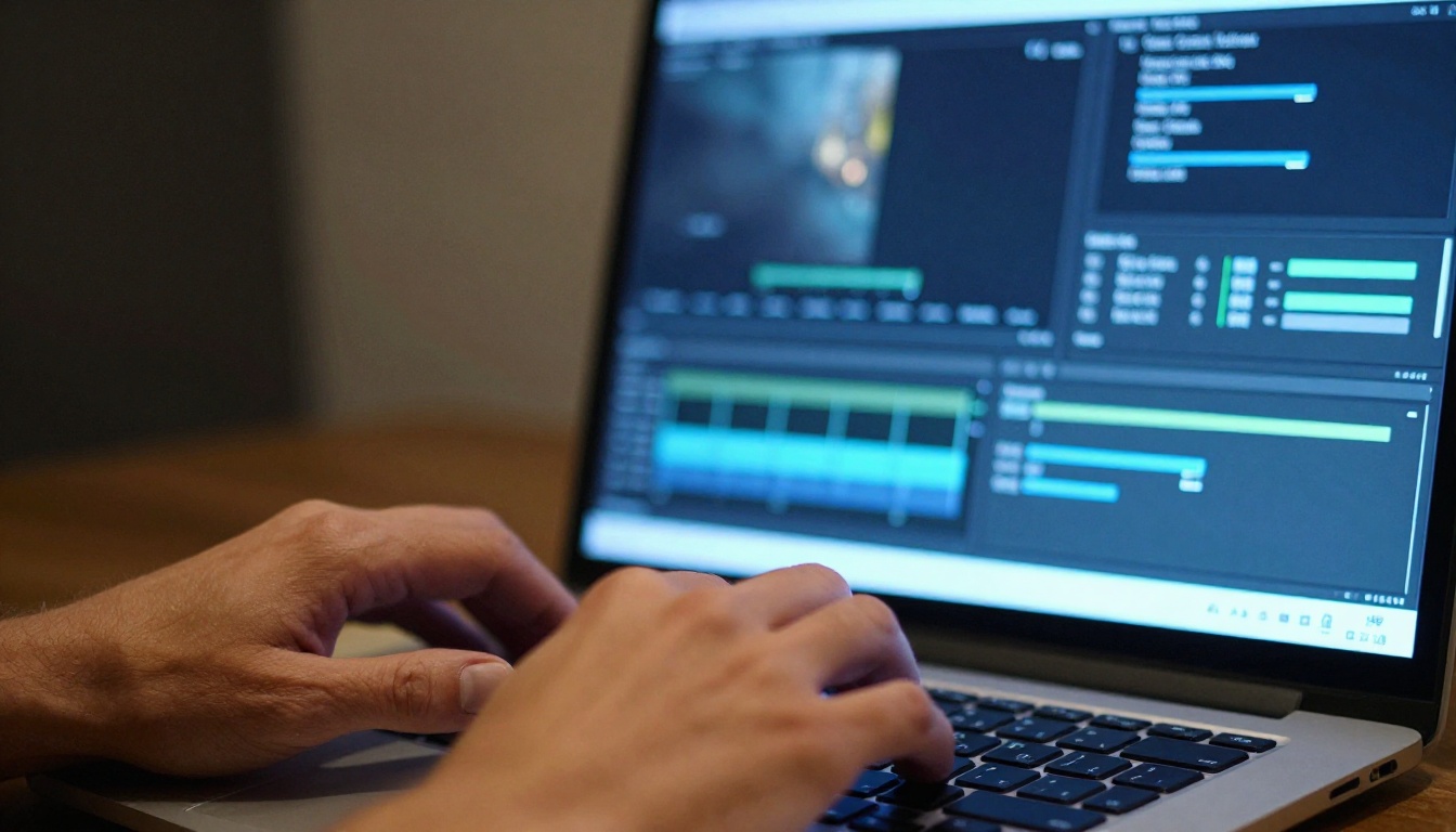 Close-up of video editor hands typing export settings with cool blue screen glow on fingers