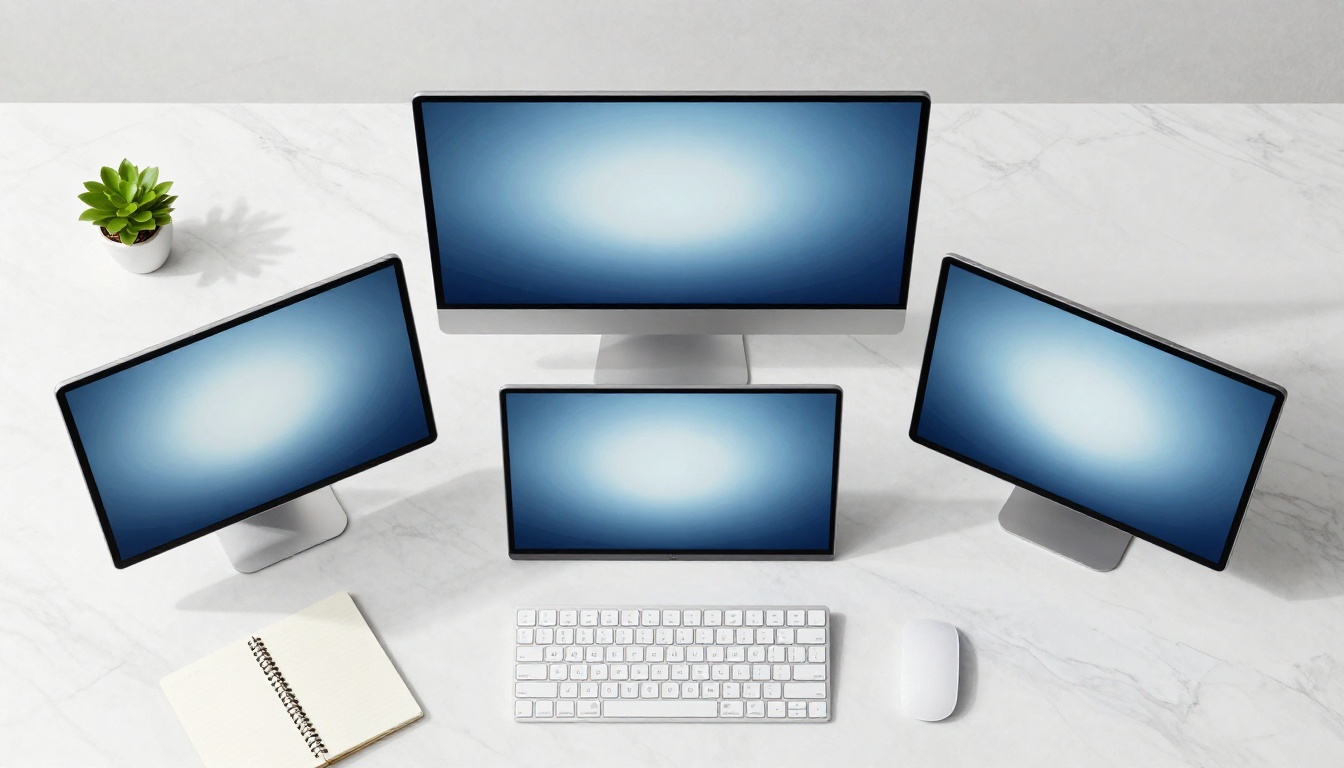 Multiple screens comparing AI video quality on marble desk